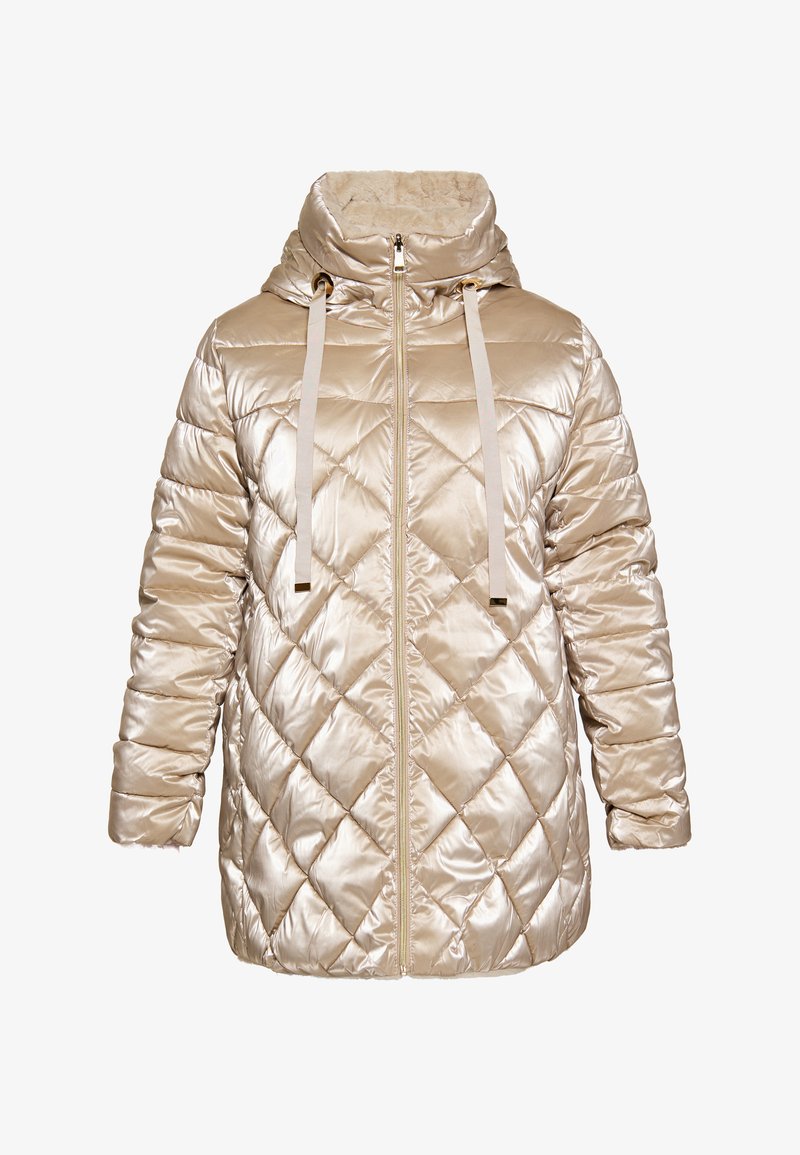 Giacca puffer trapuntata in materiale beige lucido, con colletto alto, chiusura a zip e cordini con dettagli in metallo.