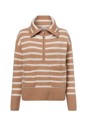Gestreifter Pullover in sanftem Beige und Weiß, mit einem Reißverschlusskragen, gerippten Bündchen und zwei Fronttaschen. Hergestellt aus einem gemütlichen Wollmix.