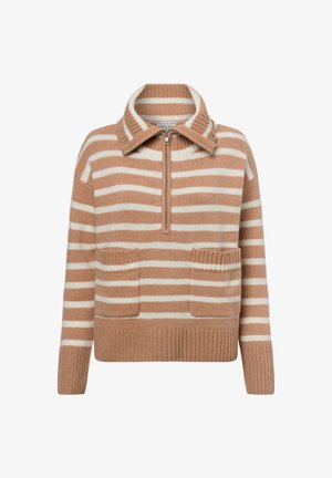 Gestreepte pullover in zacht beige en wit, met een ritskraag, geribde manchetten en twee voorzakken. Gemaakt van een comfortabele wolmix.