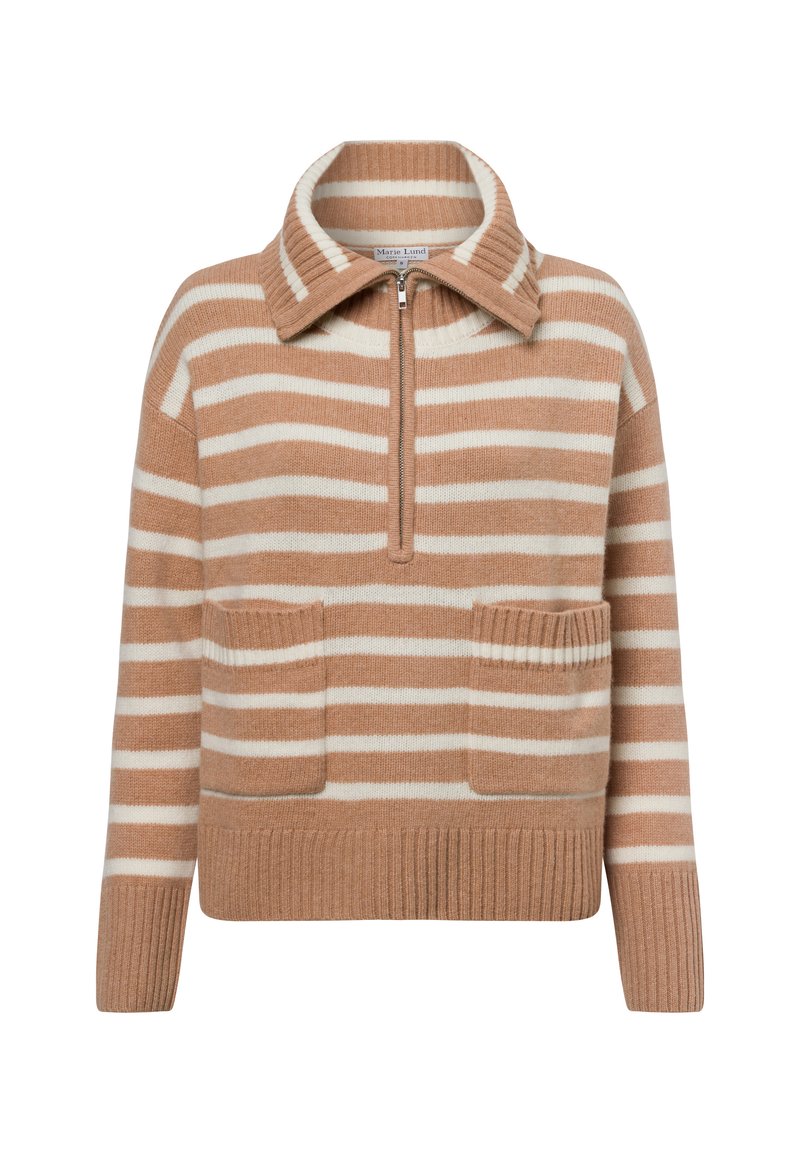 Gestreifter Pullover in sanftem Beige und Weiß, mit einem Reißverschlusskragen, gerippten Bündchen und zwei Fronttaschen. Hergestellt aus einem gemütlichen Wollmix.