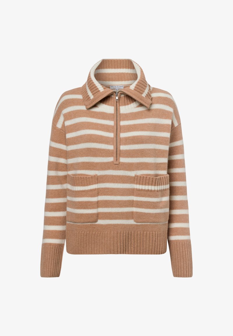 Striped pullover in soft beige and white, features a zip collar, ribbed cuffs, and two front pockets. Made from a cozy wool blend.
