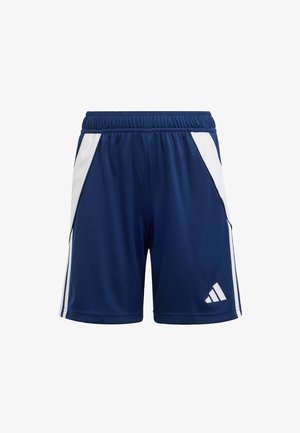 Tamsiai mėlynos sportinės šortai su baltais šoninės akcentais, elastinga juosta ir balta „Adidas“ logotipu apatiniame dešiniajame kampe. Sklandi audinio tekstūra.