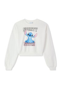 Felpa corta bianca con maniche lunghe, caratterizzata da una grafica del personaggio Stitch blu e il testo "SPORTY STITCH" in nero e rosa.