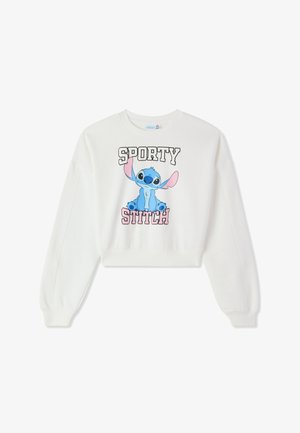Biały krótki sweatshirt z długimi rękawami, z grafiką niebieskiej postaci Stitcha oraz napisem "SPORTY STITCH" w czerni i różu.