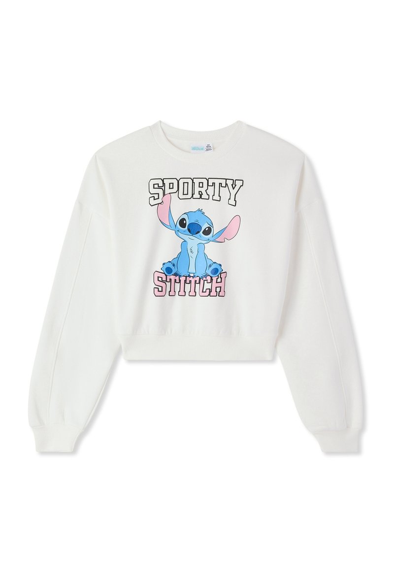 Felpa corta bianca con maniche lunghe, caratterizzata da una grafica del personaggio Stitch blu e il testo "SPORTY STITCH" in nero e rosa.