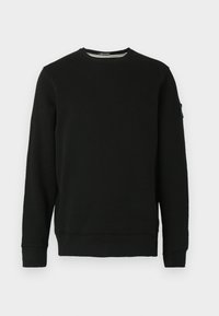 Sort crewneck sweatshirt med lange ærmer, ribbede manchetter og søm. Blødt stof med et mærke på venstre ærme og et minimalistisk design.
