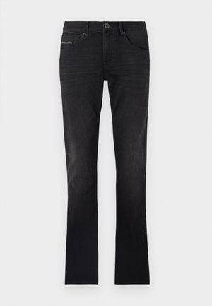 Black denim jeans featuring a straight leg design, front pockets, and a subtle brand tag on the waistband. Smooth texture with slight fading.