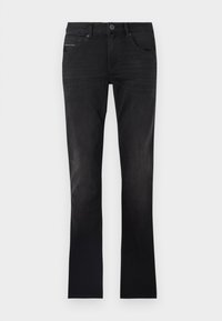 Črne jeans hlače z ravnim krojem. Značilnosti vključujejo gumbasto zapiranje, pet žepov in diskreten logotip blagovne znamke na sprednji strani.