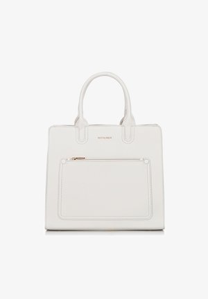 Weiße Leder-Tote-Bag mit zwei Griffen oben, einer vorderen Reißverschlusstasche und goldenen Hardware. Sie verfügt über ein strukturiertes Design und sichtbare Nähte.