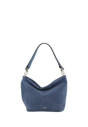 Blue suede shoulder bag with a slouchy design and single strap, gold-tone hardware, and small gold "abro" logo on front.
