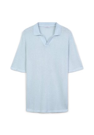 Light blue short-sleeve polo shirt with a v-neck. Features a textured pattern and a contrasting smooth collar. Lightweight fabric.