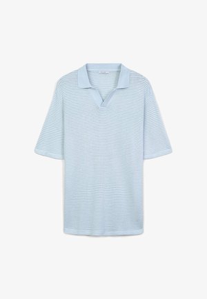 Polo shirt azzurro chiaro a maniche corte con scollo a V. Presenta un motivo testurizzato e un colletto liscio a contrasto. Tessuto leggero.