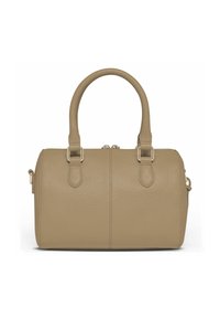 Beige leren handtas met textuur, twee korte handvatten en goudkleurige hardware. Heeft een ronde vorm en een ritssluiting.