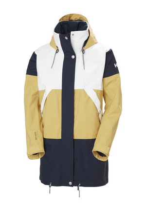 Waterdichte jas met een kleurblokontwerp in wit, marineblauw en goud. Inclusief een capuchon, ritssluiting en verstelbare zoom.