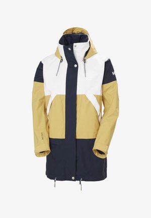 Vodotěsná bunda s designem barevných bloků v bílé, námořnické modré a zlaté barvě. Obsahuje kapuci, zipové zapínání a nastavitelné lemy.