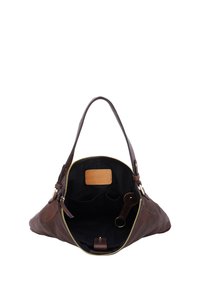 Brown leather handbag with open top, showing black interior lining, two small pockets, and a key ring strap inside.