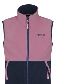 Ärmessless fleecyväst med rosa överdel och marinblå underdel, framdragkedja, två dragkedjefickor och "Trollkids"-logotyp på bröstet.