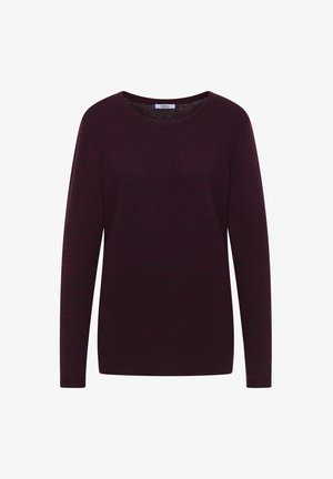 Bordeaux langærmet sweater med rund hals, der har en ribbet tekstur og subtile farvevariationer, som viser en afslappet pasform.