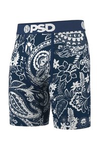 Bokserice tamnoplave boje s bijelim cvjetnim i paisley uzorcima, napravljene od prozračnog materijala, s mekanim pojasom s logotipom.