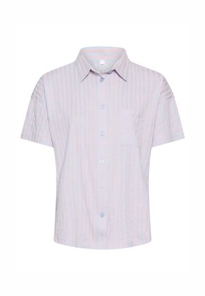 Kurzärmeliges Hemd zum Knöpfen mit rosa und hellblauen vertikalen Streifen und einer Brusttasche, präsentiert auf weißem Hintergrund.