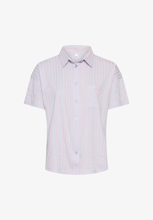 Short-sleeve button-up shirt with pink and light blue vertical stripes and a chest pocket, displayed on a white background.