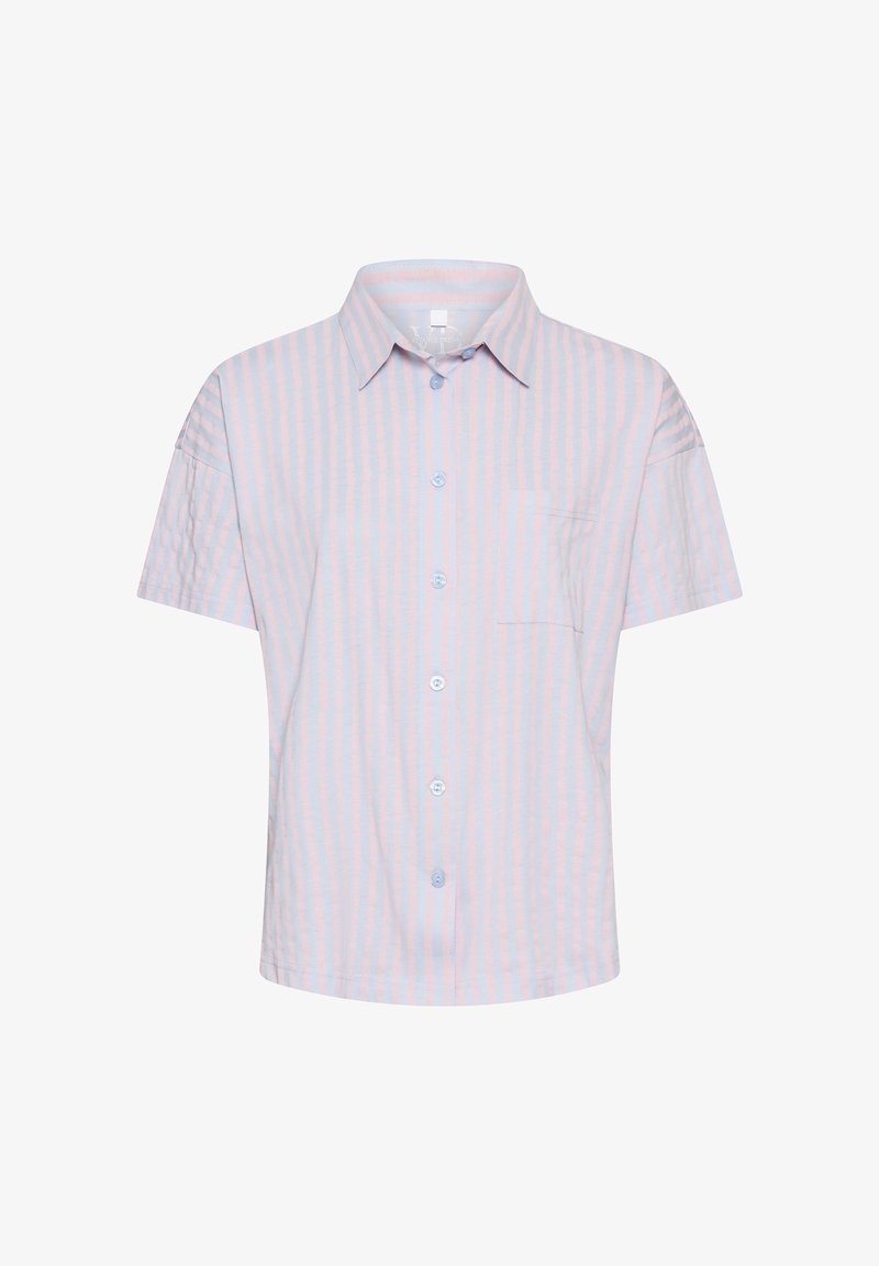 Kurzärmeliges Hemd zum Knöpfen mit rosa und hellblauen vertikalen Streifen und einer Brusttasche, präsentiert auf weißem Hintergrund.