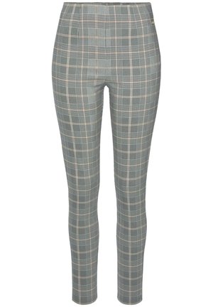 Gray plaid trousers featuring a fitted design, smooth texture, and a combination of thin and thick lines in black and beige accents.