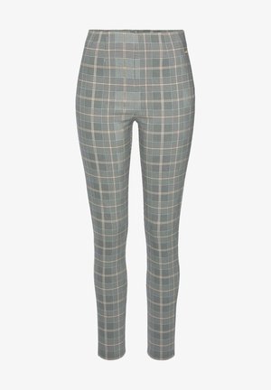 Gray plaid trousers featuring a fitted design, smooth texture, and a combination of thin and thick lines in black and beige accents.