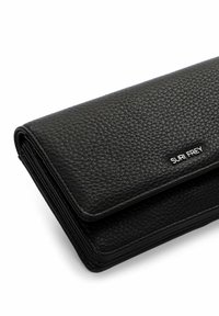 Black leather wallet with a textured surface. Features a fold-over design and a silver logo accent on the front. Compact and minimalistic.