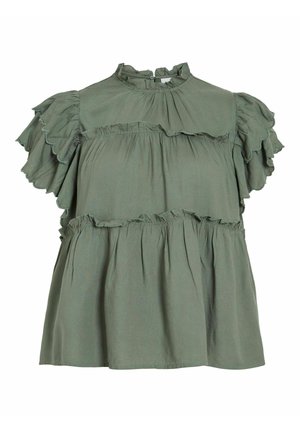 Bluză verde din bumbac cu mâneci scurte și volane, gât înalt și detalii cu volane stratificate pe pantaloni. Textură moale, croi lejer.