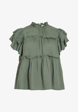 Bluză verde din bumbac cu mâneci scurte și volane, gât înalt și detalii cu volane stratificate pe pantaloni. Textură moale, croi lejer.