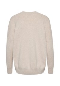 Pull beige à manches longues avec un col rond et des poignets et un ourlet côtelés, vu de dos sur fond blanc.
