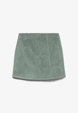 Lys grøn kordfløjls mini nederdel med lige snit, subtil tekstur og slidsdetalje i siden. Glat finish med ribbet mønster.