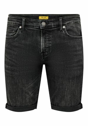 Black denim shorts with a faded finish, featuring rolled cuffs, five-pocket design, and metal button closure. Label in yellow at the waistband.