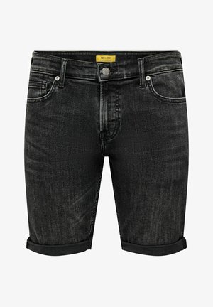 Melni denimu šorti ar nolietotu apdari, ar sarullētām malām, piecu kabatu dizains un metāla pogu aizdare. Uz jostas ir dzeltenā etiķete.