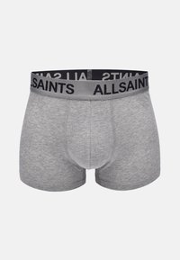 Boxer-briefs en coton gris avec une taille noire portant le mot "ALLSAINTS" en blanc. Texture lisse, design ajusté, et sans motifs visibles.