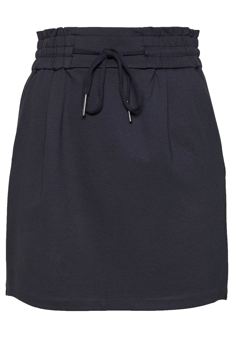 Tmavě námořnické kraťasy s elastickým pasem a nastavitelným šňůrkovým detailem. Hladká tkanina s záhyby vpředu a rovným spodním lemem.