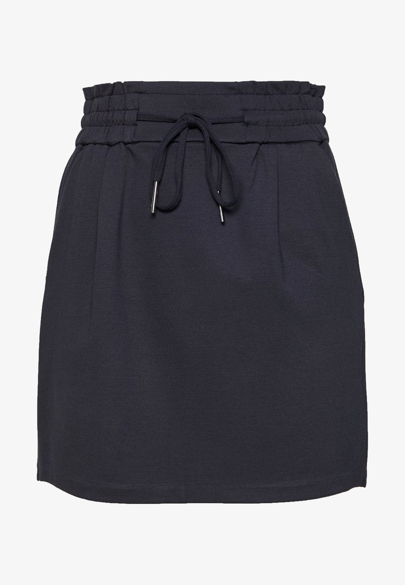 Tmavě námořnické kraťasy s elastickým pasem a nastavitelným šňůrkovým detailem. Hladká tkanina s záhyby vpředu a rovným spodním lemem.