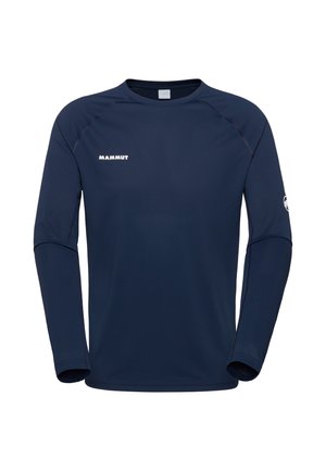 Chemise de sport à manches longues bleu marine avec le logo "MAMMUT" sur la poitrine et un petit logo sur la manche gauche.