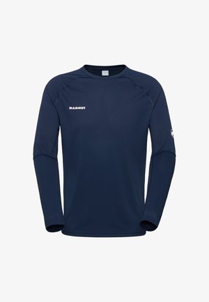 Granatowa sportowa koszulka z długim rękawem z logo "MAMMUT" na piersi oraz małym logo na lewym rękawie.