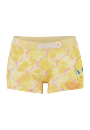 Boxer da donna gialli e rosa con il volto di Tweety Bird sul lato destro e logo PSD sulla cintura, con motivo floreale e logo su tutta la superficie.