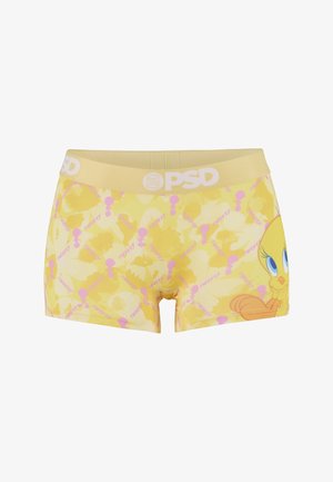 Pantalones cortos boxer femeninos en amarillo y rosa con la cara de Piolín en el lado derecho y el logo PSD en la cintura, con un patrón de flores y logos en todo el tejido.
