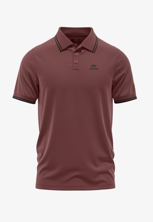 Burgundowa koszulka polo wykonana z gładkiego materiału, z trzyrzędowym zapięciem na guziki, czarnymi paskami na kołnierzyku i rękawach oraz logo.