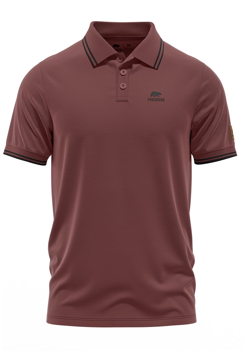 Burgunderfarbendes Poloshirt aus glattem Stoff, mit einer Knopfleiste mit drei Knöpfen, schwarzen Streifenakzenten am Kragen und an den Ärmeln sowie einem Logo.