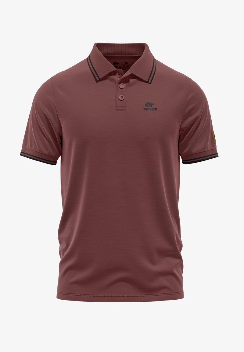Burgundowa koszulka polo wykonana z gładkiego materiału, z trzyrzędowym zapięciem na guziki, czarnymi paskami na kołnierzyku i rękawach oraz logo.