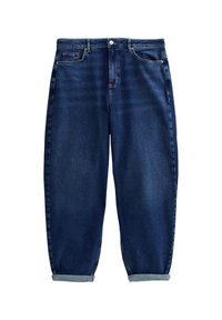 Jeans de mezclilla azul oscuro con un corte holgado, que presentan una cintura alta, dobladillos enrollados y un cierre tradicional de botones.