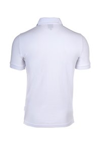 Hvit polo-skjorte laget av glatt stoff med klassisk krage og korte ermer. Den har et enkelt, rent design uten mønstre.