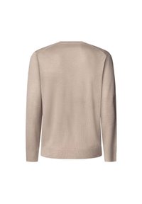 Bežový pletený sveter s dlhými rukávmi, okrúhlym výstrihom a rebrovaným lemom. Hladká textúra s jemným pleteným vzorom a mierne zúženým strihom.