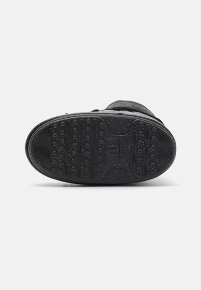 Black footwear sole with a textured surface, featuring a pattern of raised dots and horizontal grooves for traction. Durable material.