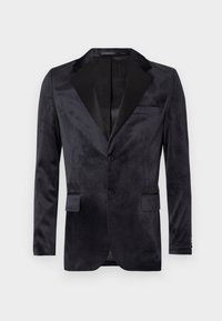 Svart sammetblazer med satinvinklar, enknappslåsning, två framfickor och en mjuk textur. Skräddarsydd passform och klassisk design.